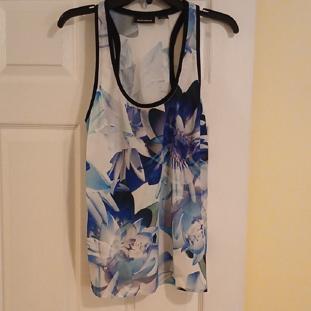 DKNY Jeans Floral Graphic Blue & White Tank Top Women's Medium